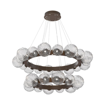 Gaia Two-Tier Radial Ring LED Chandelier in Flat Bronze/Clear Blown Glass.