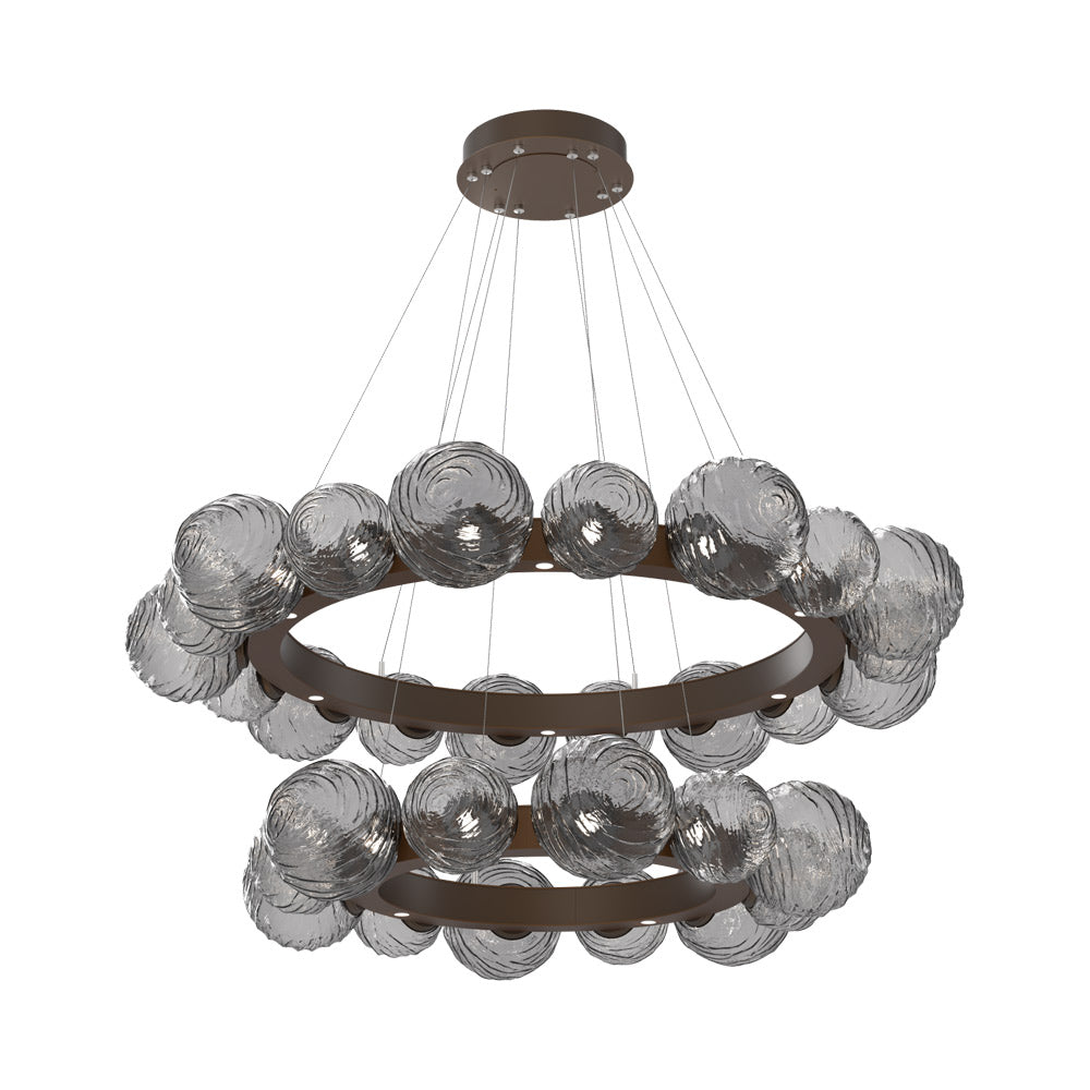 Gaia Two-Tier Radial Ring LED Chandelier in Flat Bronze/Smoke Blown Glass.