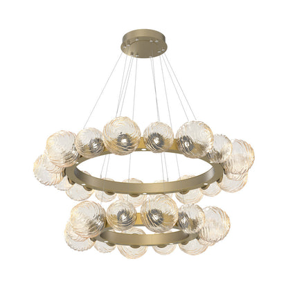 Gaia Two-Tier Radial Ring LED Chandelier in Gilded Brass/Amber Blown Glass.