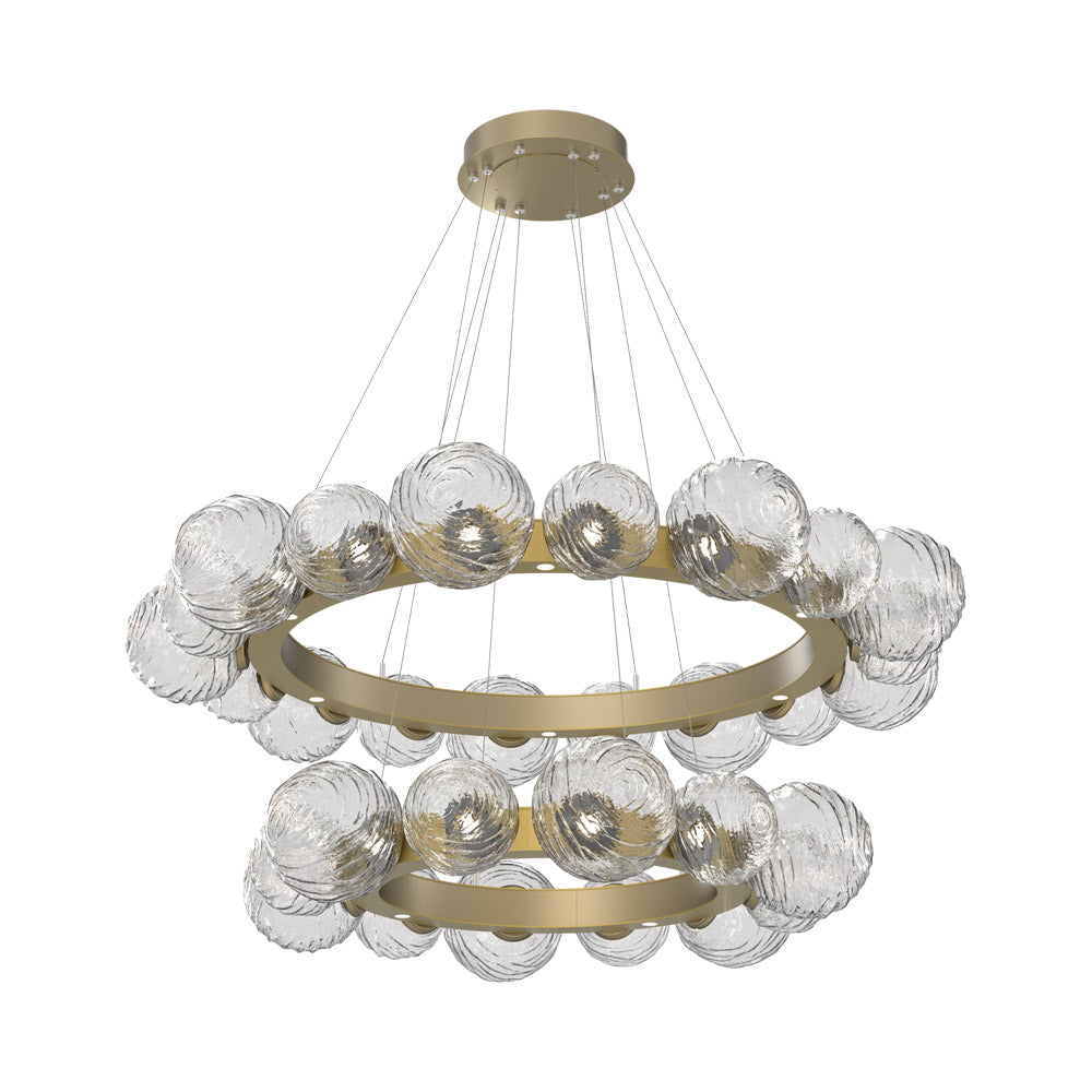 Gaia Two-Tier Radial Ring LED Chandelier in Gilded Brass/Clear Blown Glass.