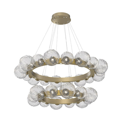Gaia Two-Tier Radial Ring LED Chandelier in Gilded Brass/Clear Blown Glass.