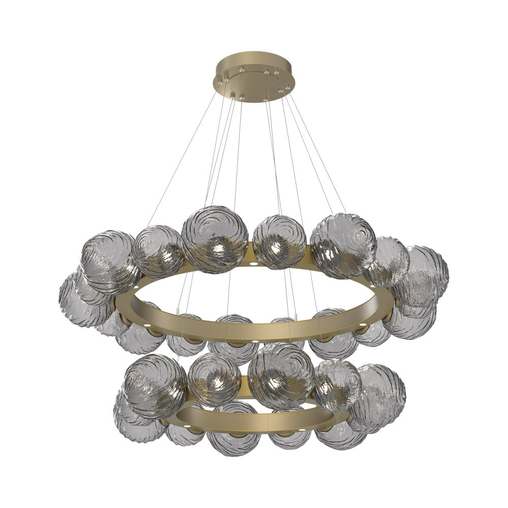 Gaia Two-Tier Radial Ring LED Chandelier in Gilded Brass/Smoke Blown Glass.