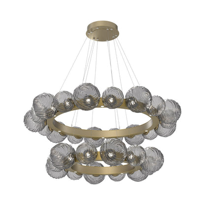 Gaia Two-Tier Radial Ring LED Chandelier in Gilded Brass/Smoke Blown Glass.