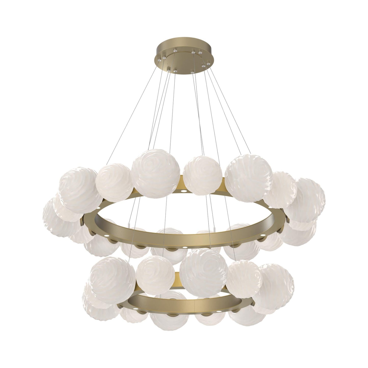 Gaia Two-Tier Radial Ring LED Chandelier in Gilded Brass/White Blown Glass.