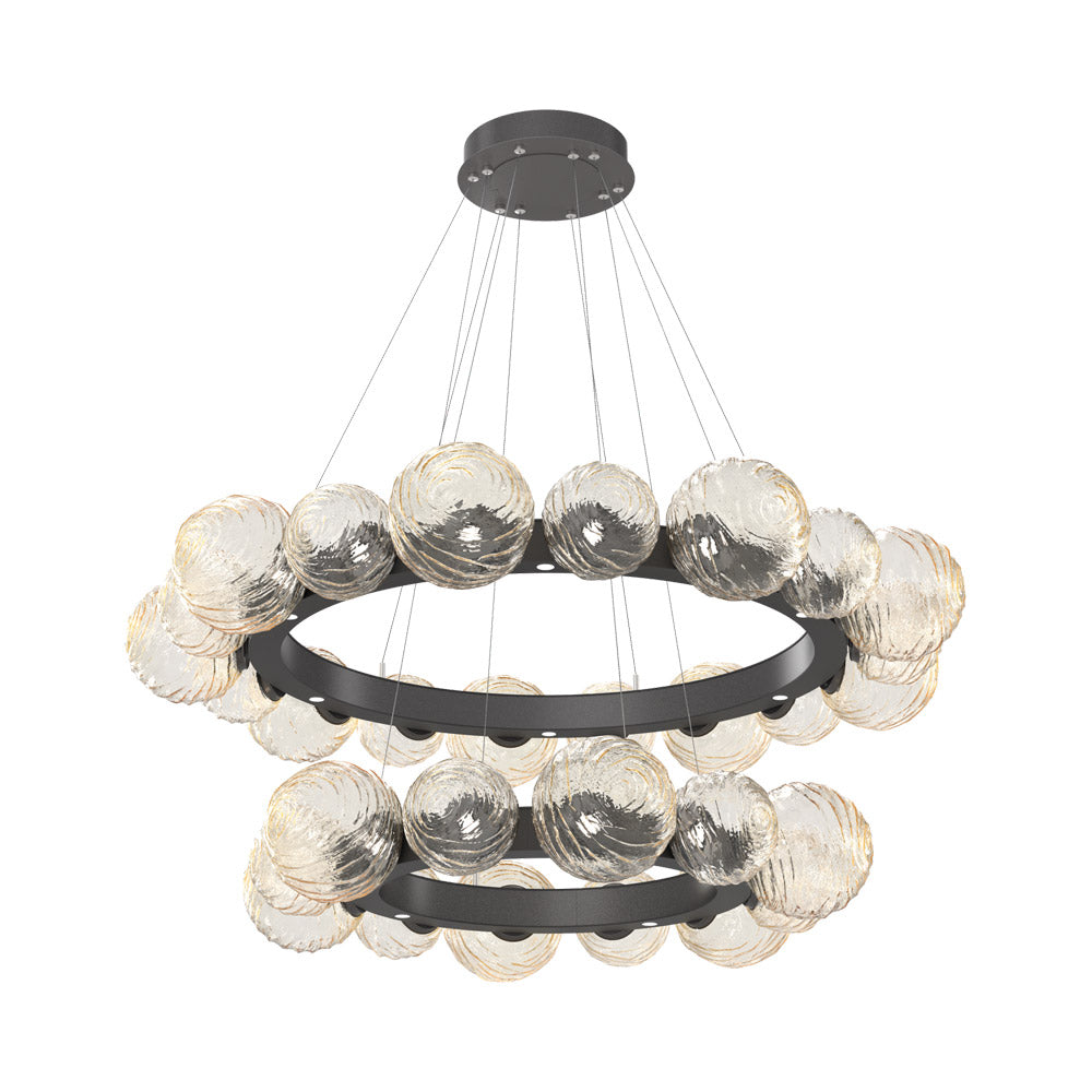Gaia Two-Tier Radial Ring LED Chandelier in Graphite/Amber Blown Glass.