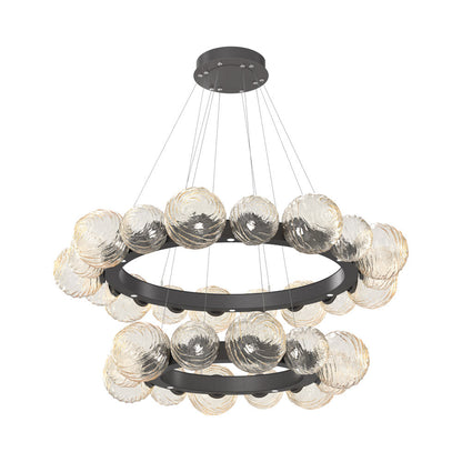 Gaia Two-Tier Radial Ring LED Chandelier in Graphite/Amber Blown Glass.