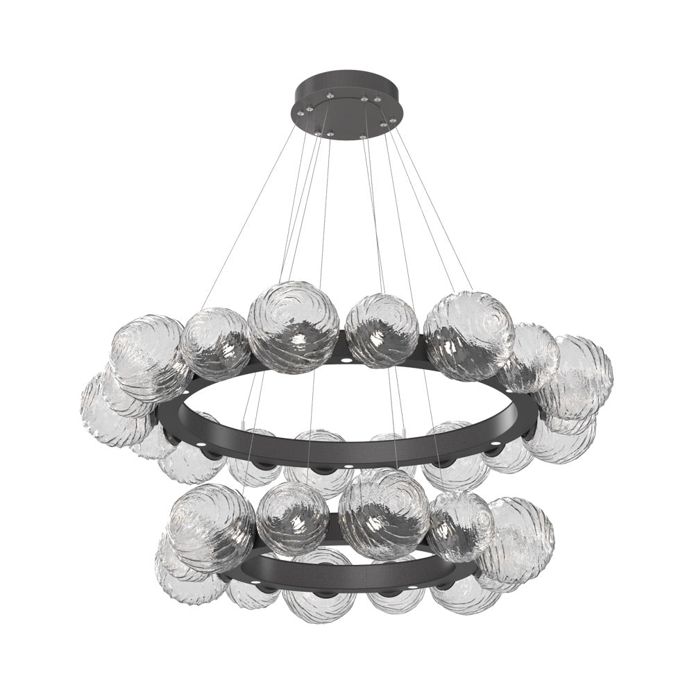 Gaia Two-Tier Radial Ring LED Chandelier in Graphite/Clear Blown Glass.