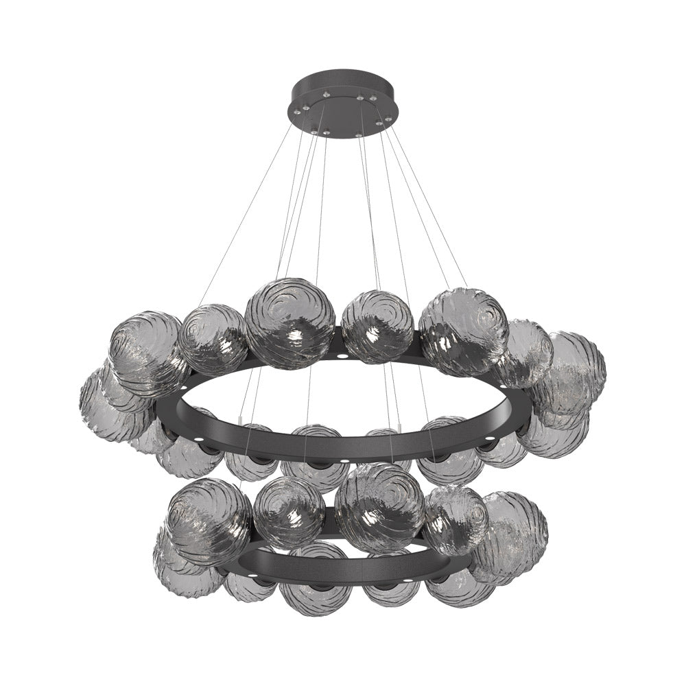 Gaia Two-Tier Radial Ring LED Chandelier in Graphite/Smoke Blown Glass.