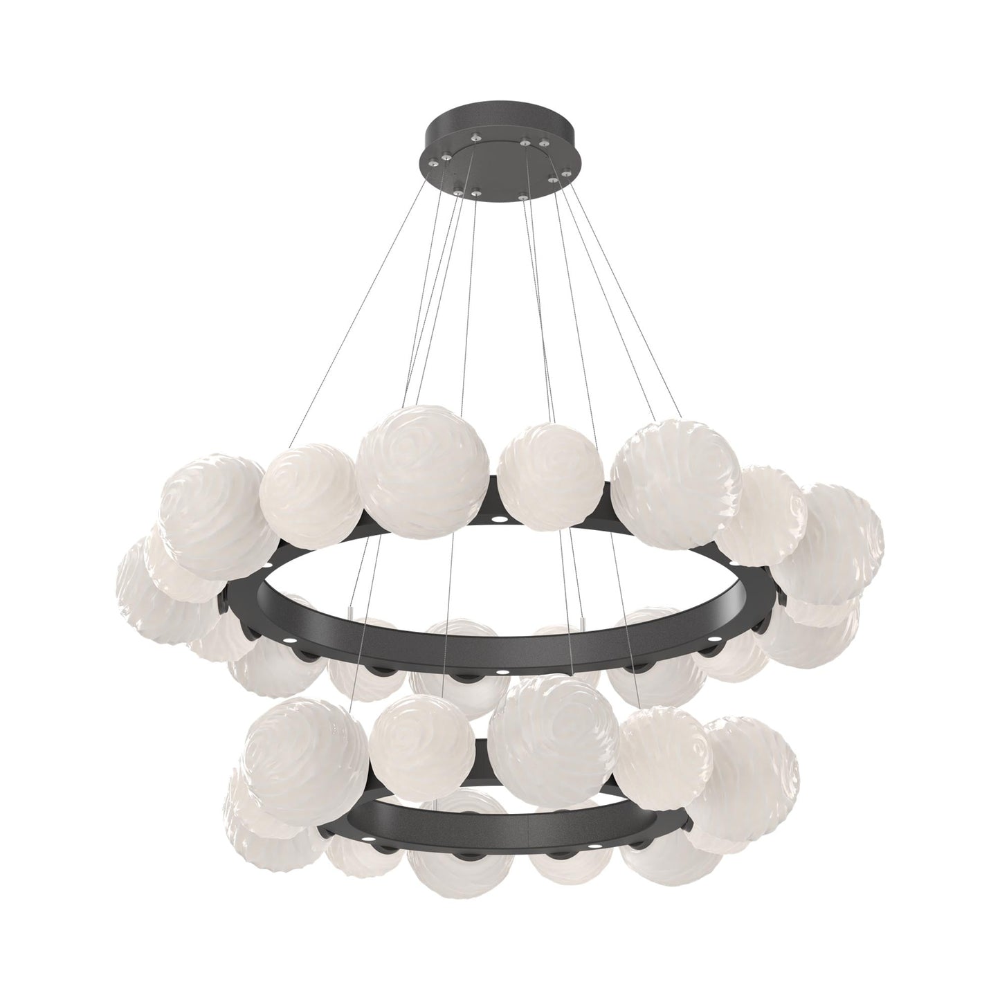 Gaia Two-Tier Radial Ring LED Chandelier in Graphite/White Blown Glass.