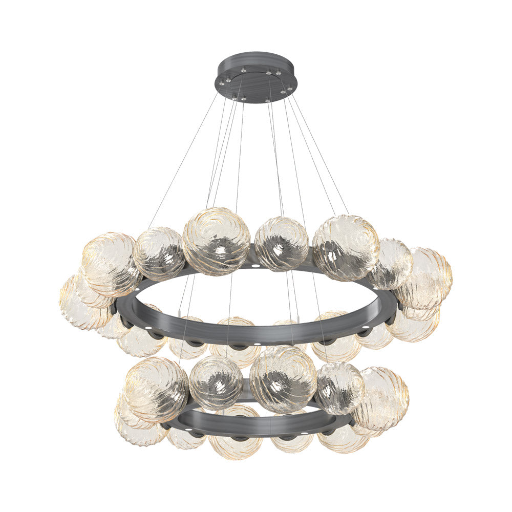 Gaia Two-Tier Radial Ring LED Chandelier in Gunmetal/Amber Blown Glass.