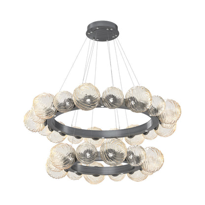 Gaia Two-Tier Radial Ring LED Chandelier in Gunmetal/Amber Blown Glass.