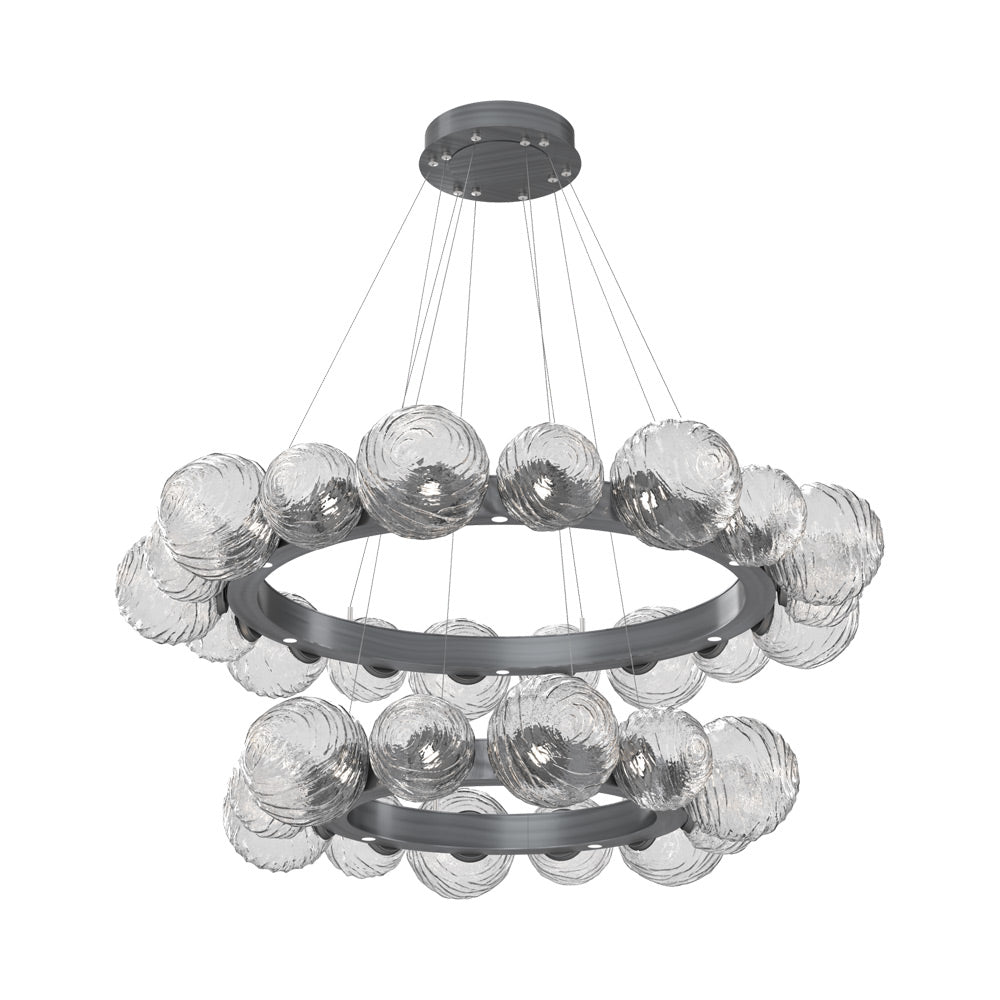 Gaia Two-Tier Radial Ring LED Chandelier in Gunmetal/Clear Blown Glass.