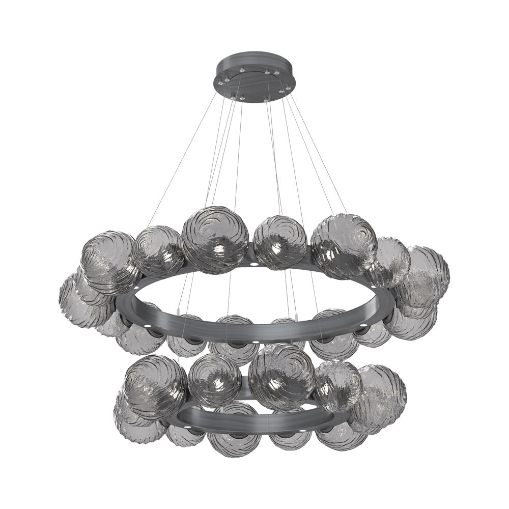 Gaia Two-Tier Radial Ring LED Chandelier in Gunmetal/Smoke Blown Glass.
