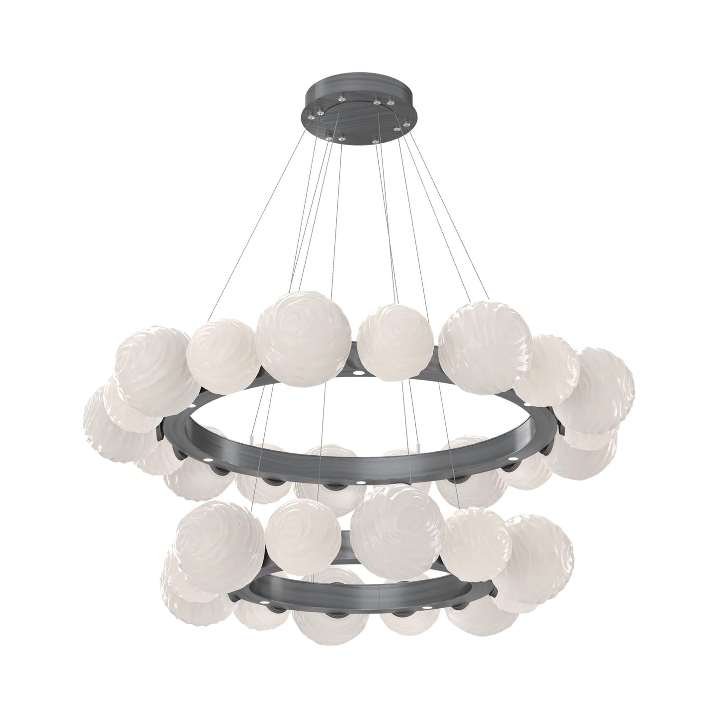 Gaia Two-Tier Radial Ring LED Chandelier in Gunmetal/White Blown Glass.