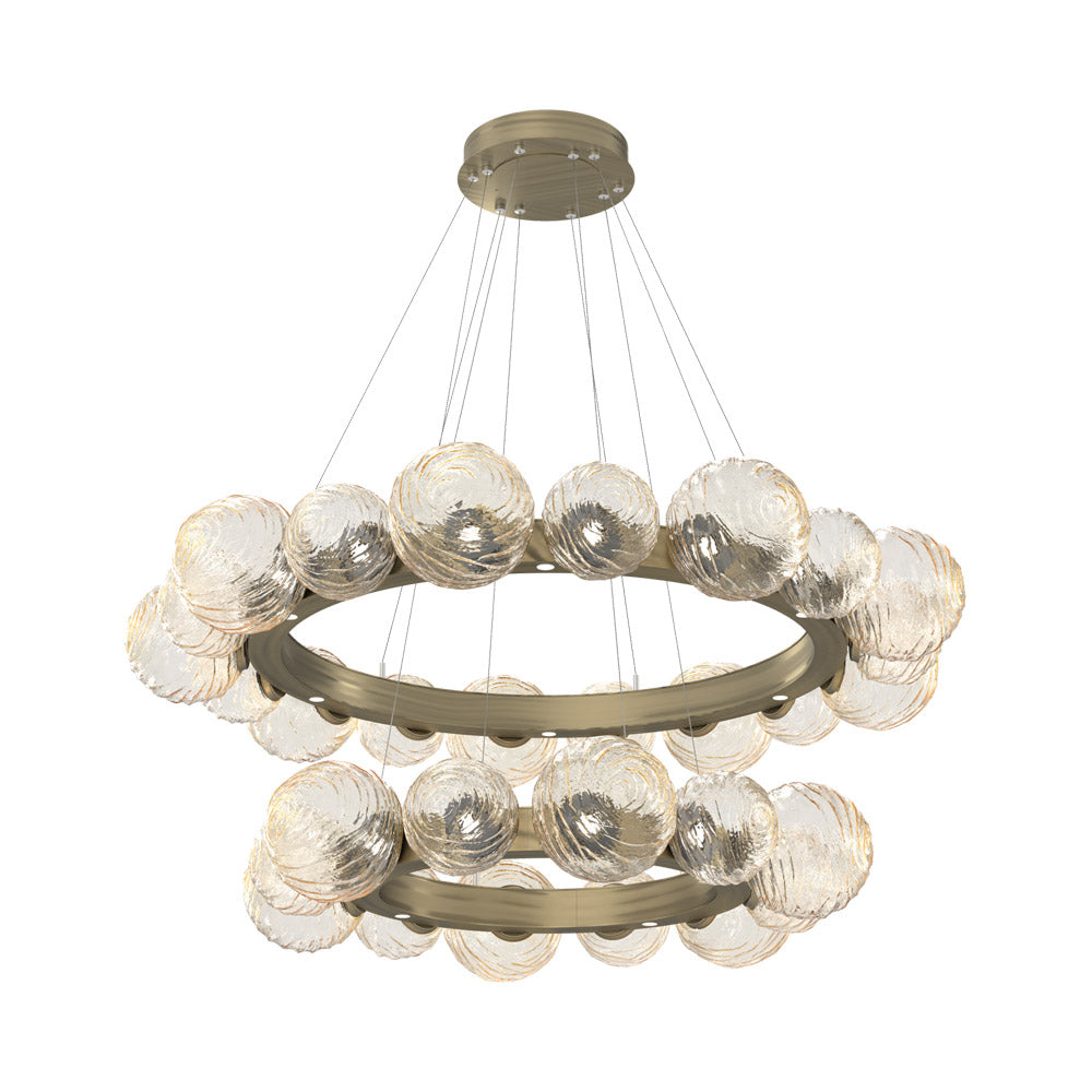 Gaia Two-Tier Radial Ring LED Chandelier in Heritage Brass/Amber Blown Glass.