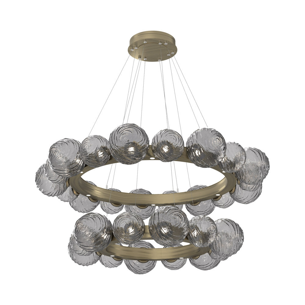 Gaia Two-Tier Radial Ring LED Chandelier in Heritage Brass/Smoke Blown Glass.
