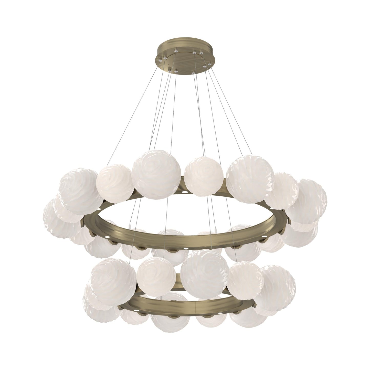 Gaia Two-Tier Radial Ring LED Chandelier in Heritage Brass/White Blown Glass.