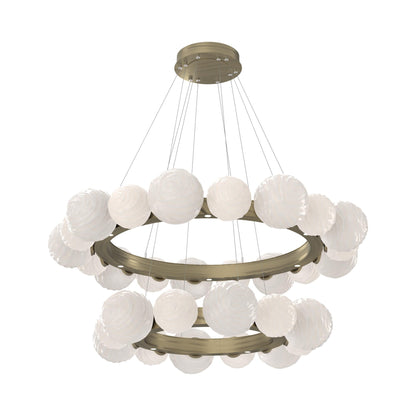 Gaia Two-Tier Radial Ring LED Chandelier in Heritage Brass/White Blown Glass.