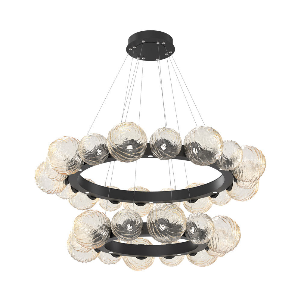 Gaia Two-Tier Radial Ring LED Chandelier in Matte Black/Amber Blown Glass.