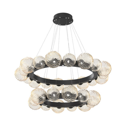 Gaia Two-Tier Radial Ring LED Chandelier in Matte Black/Amber Blown Glass.