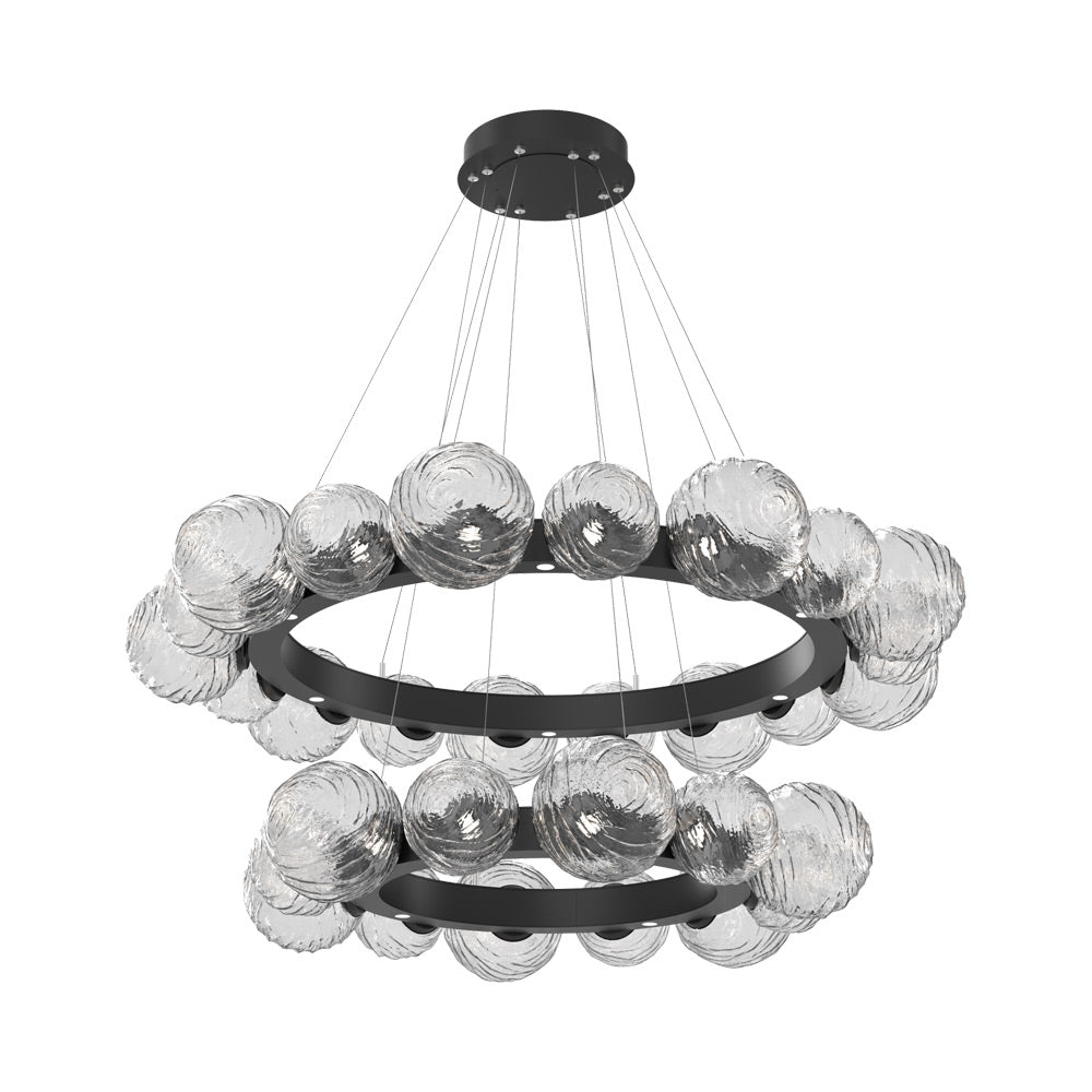 Gaia Two-Tier Radial Ring LED Chandelier in Matte Black/Clear Blown Glass.