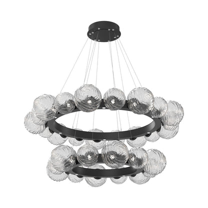 Gaia Two-Tier Radial Ring LED Chandelier in Matte Black/Clear Blown Glass.
