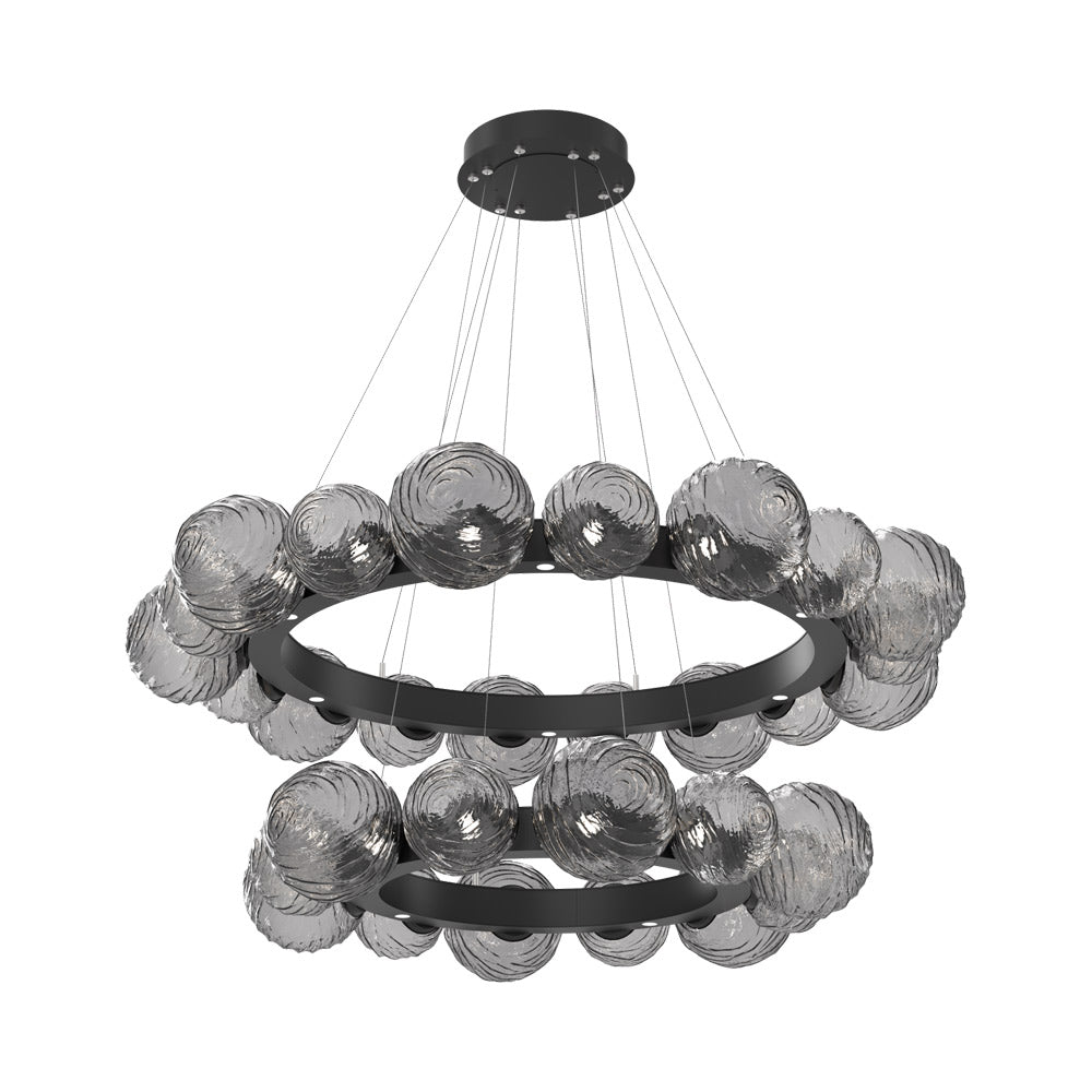 Gaia Two-Tier Radial Ring LED Chandelier in Matte Black/Smoke Blown Glass.