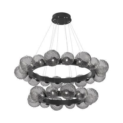 Gaia Two-Tier Radial Ring LED Chandelier in Matte Black/Smoke Blown Glass.