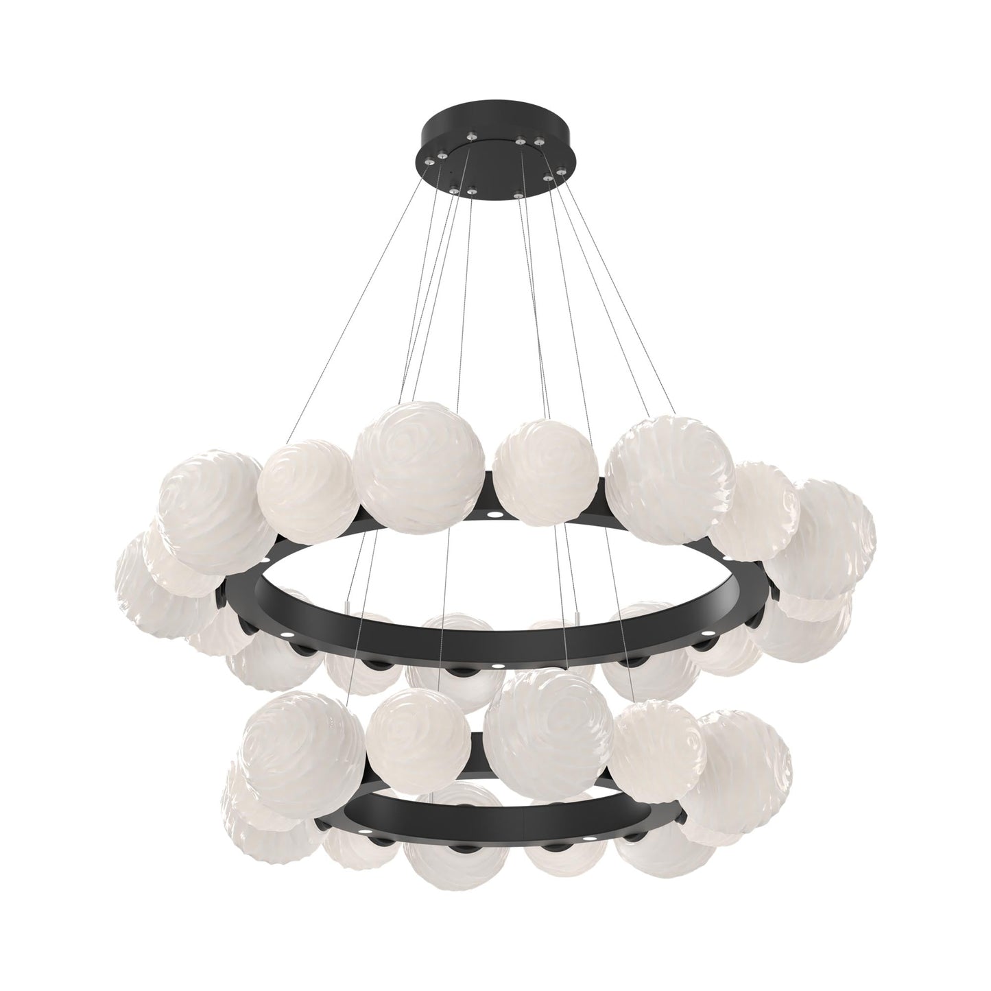 Gaia Two-Tier Radial Ring LED Chandelier in Matte Black/White Blown Glass.