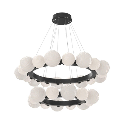 Gaia Two-Tier Radial Ring LED Chandelier in Matte Black/White Blown Glass.