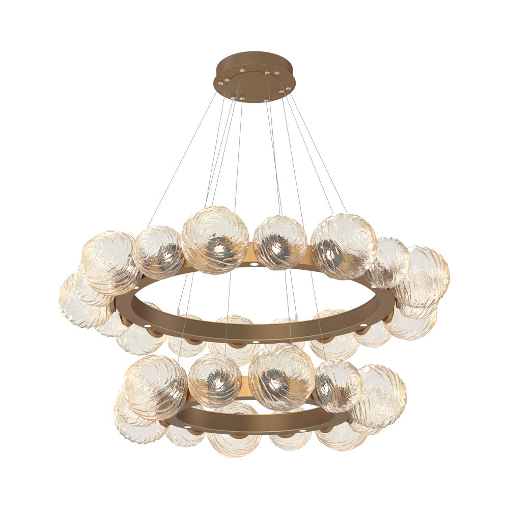 Gaia Two-Tier Radial Ring LED Chandelier in Novel Brass/Amber Blown Glass.