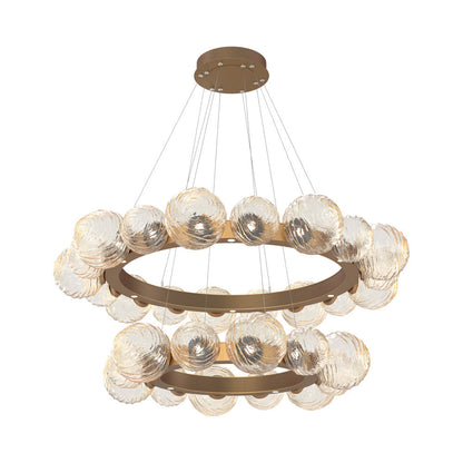 Gaia Two-Tier Radial Ring LED Chandelier in Novel Brass/Amber Blown Glass.