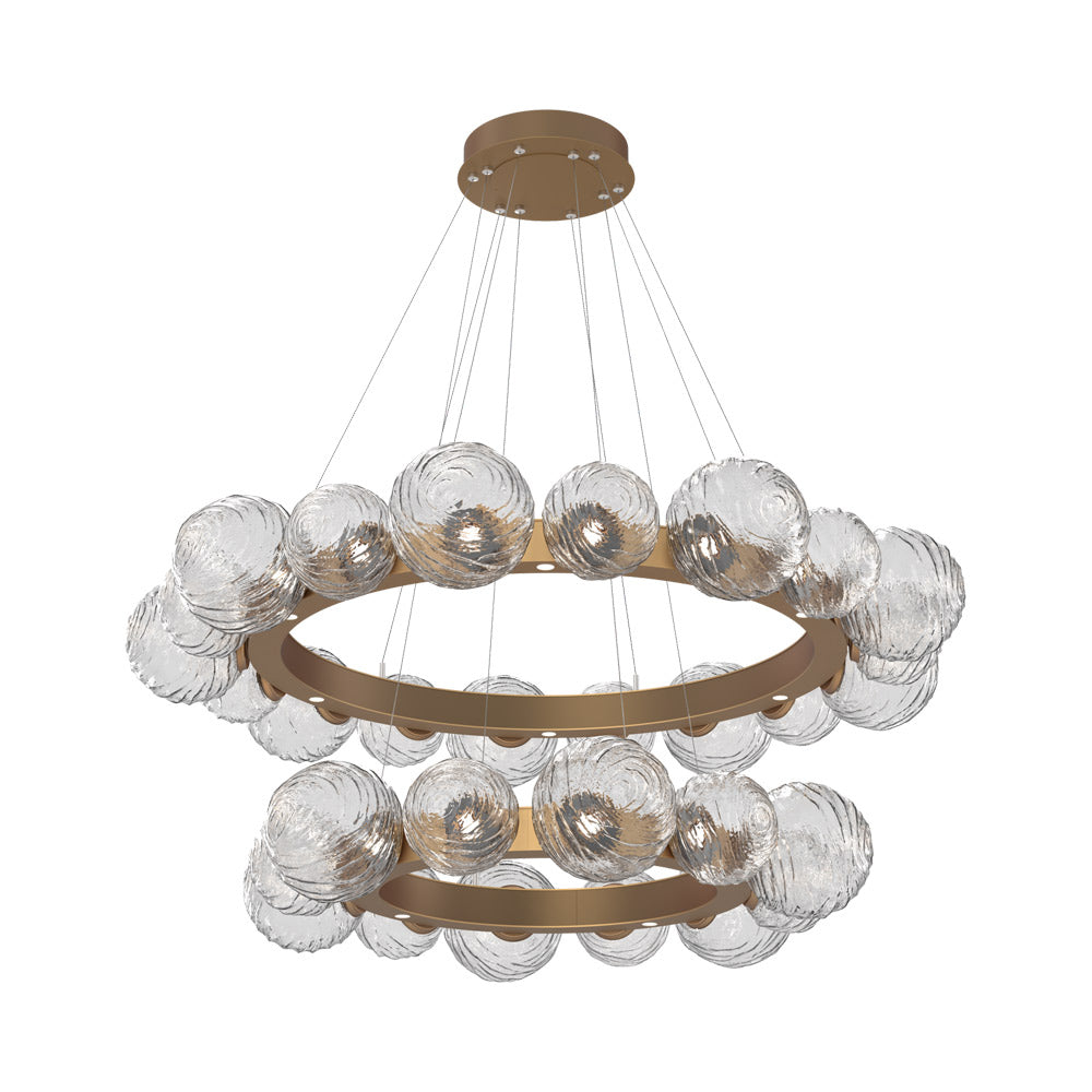 Gaia Two-Tier Radial Ring LED Chandelier in Novel Brass/Clear Blown Glass.