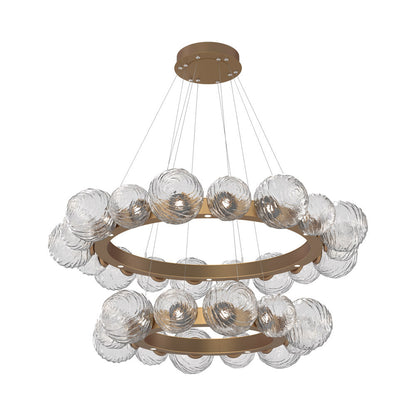 Gaia Two-Tier Radial Ring LED Chandelier in Novel Brass/Clear Blown Glass.