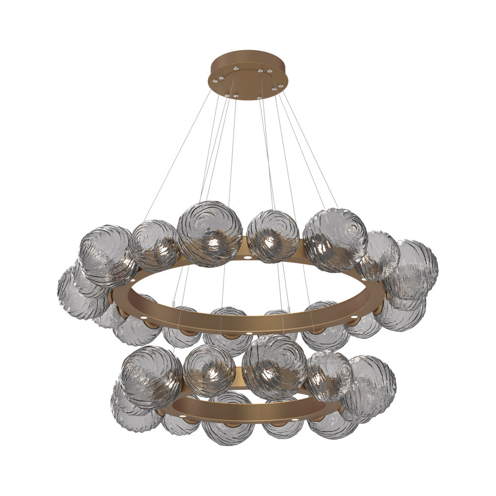 Gaia Two-Tier Radial Ring LED Chandelier in Novel Brass/Smoke Blown Glass.