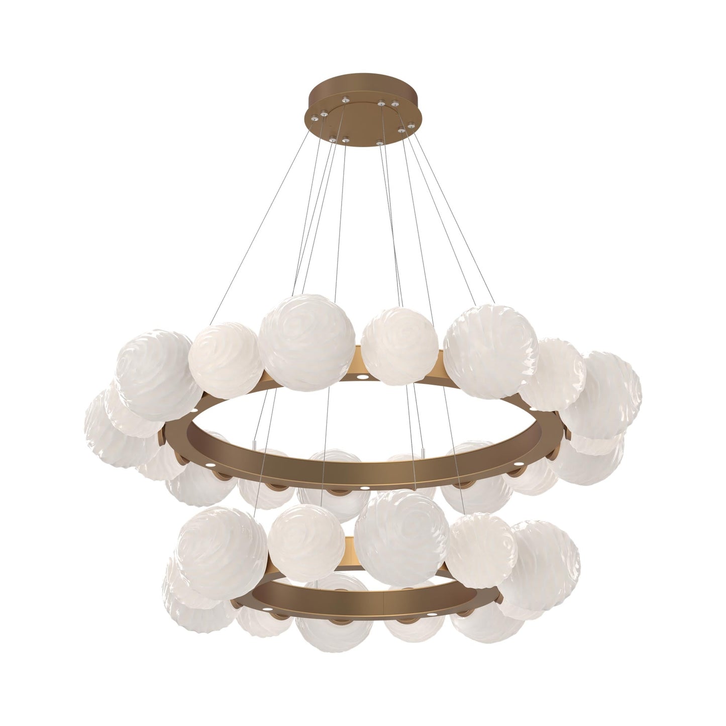 Gaia Two-Tier Radial Ring LED Chandelier in Novel Brass/White Blown Glass.