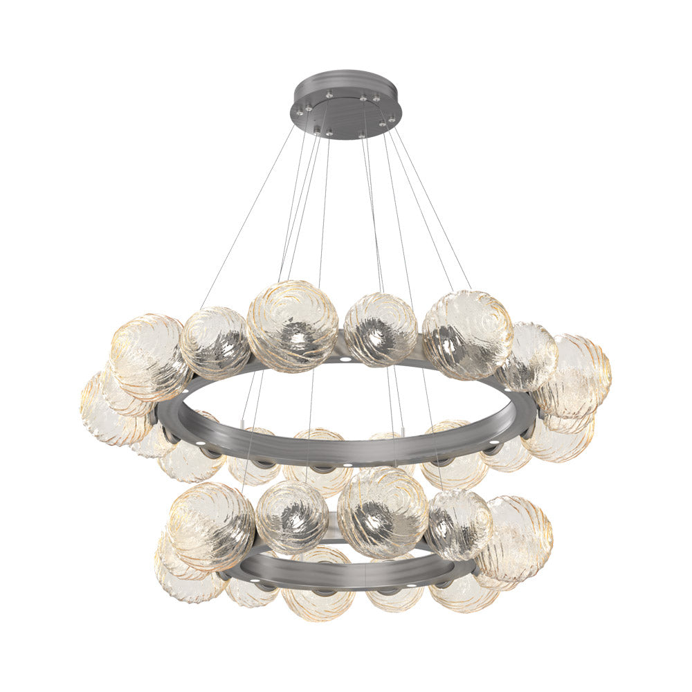 Gaia Two-Tier Radial Ring LED Chandelier in Satin Nickel/Amber Blown Glass.