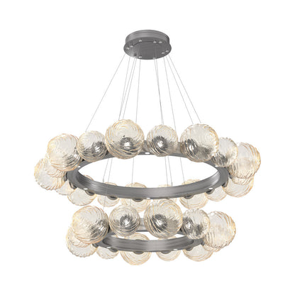 Gaia Two-Tier Radial Ring LED Chandelier in Satin Nickel/Amber Blown Glass.