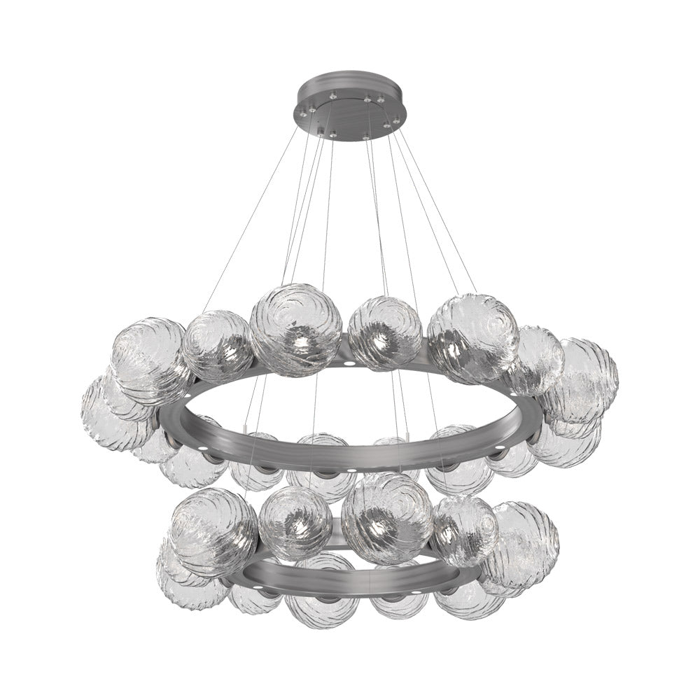 Gaia Two-Tier Radial Ring LED Chandelier in Satin Nickel/Clear Blown Glass.