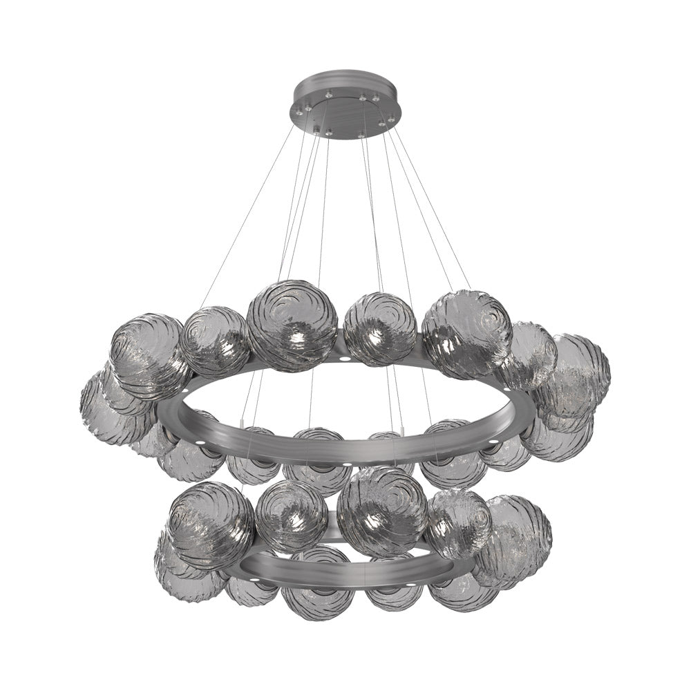 Gaia Two-Tier Radial Ring LED Chandelier in Satin Nickel/Smoke Blown Glass.