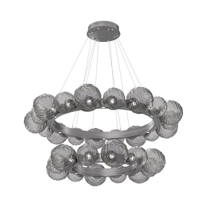 Gaia Two-Tier Radial Ring LED Chandelier in Satin Nickel/Smoke Blown Glass.