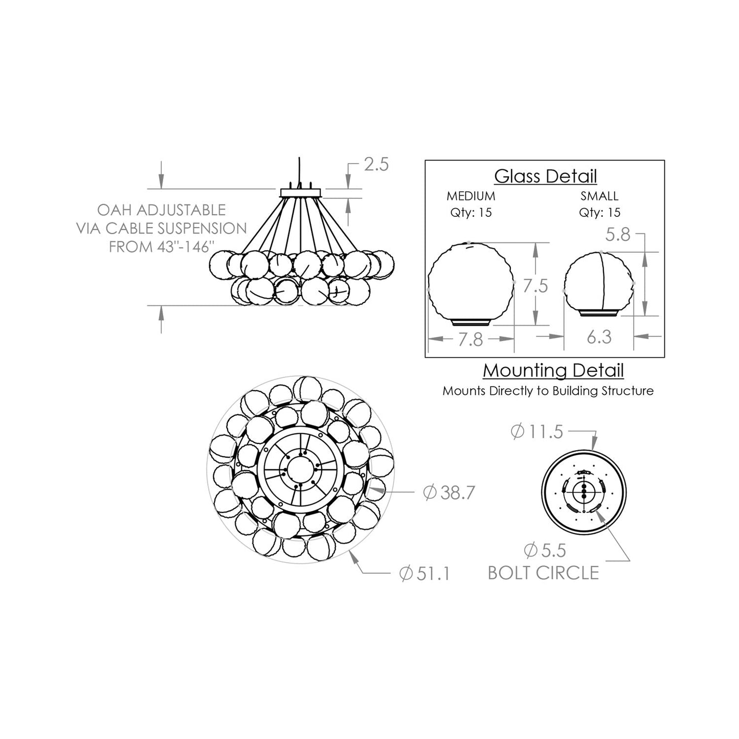 Gaia Two-Tier Radial Ring LED Chandelier - line drawing.