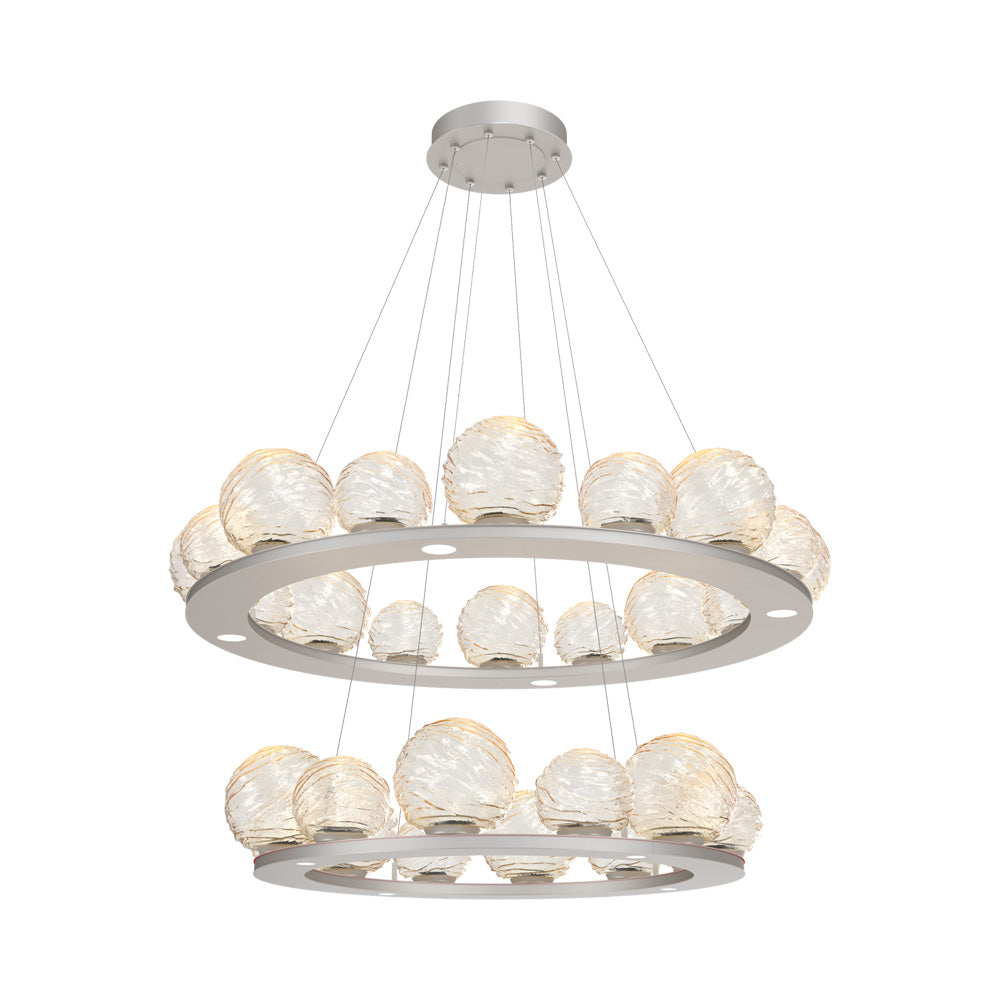 Gaia Two-Tier Ring LED Chandelier in Beige Silver/Amber Blown Glass.