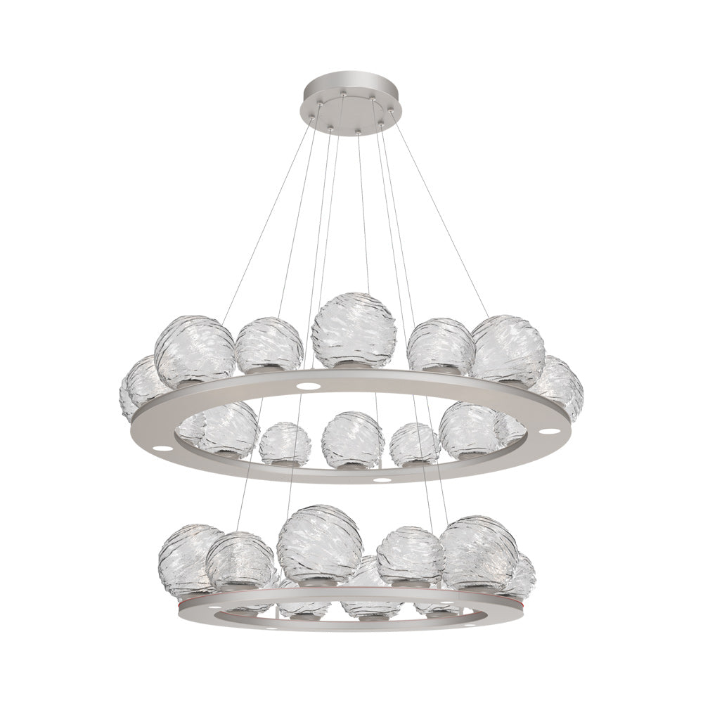 Gaia Two-Tier Ring LED Chandelier in Beige Silver/Clear Blown Glass.