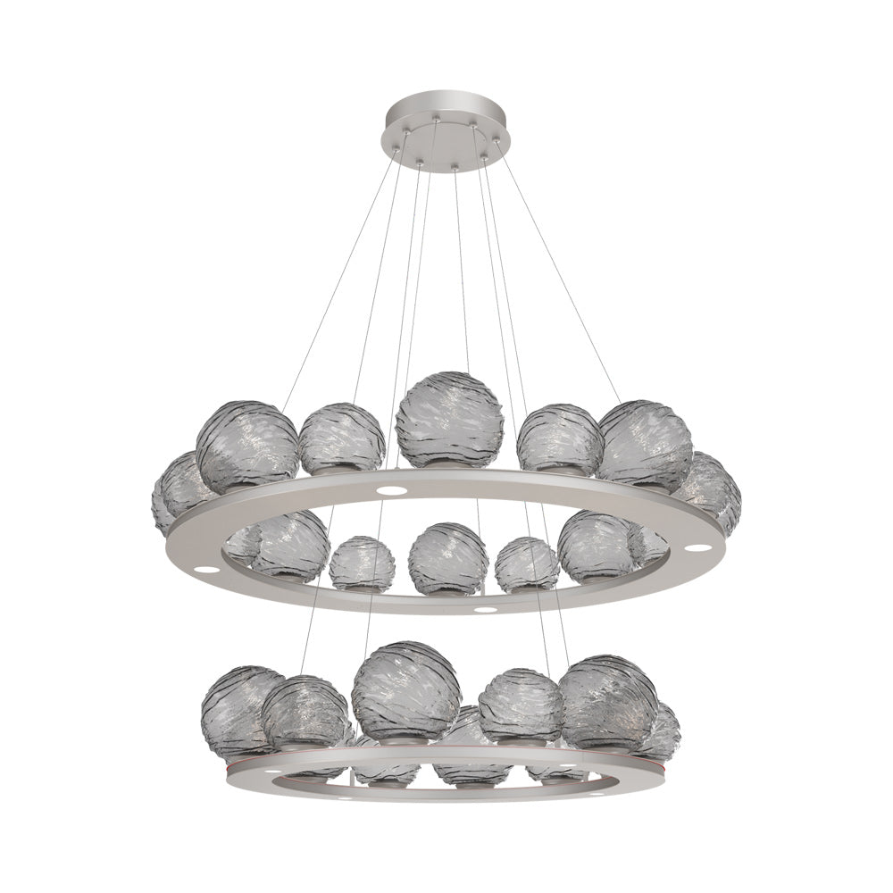 Gaia Two-Tier Ring LED Chandelier in Beige Silver/Smoke Blown Glass.