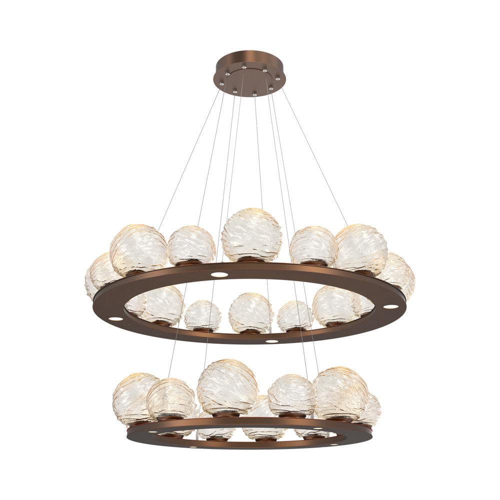 Gaia Two-Tier Ring LED Chandelier in Burnished Bronze/Amber Blown Glass.