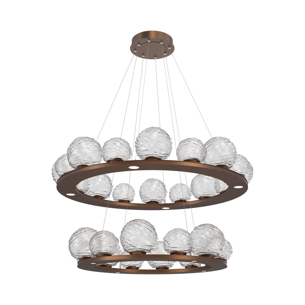 Gaia Two-Tier Ring LED Chandelier in Burnished Bronze/Clear Blown Glass.