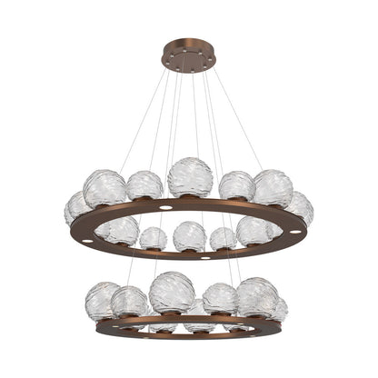 Gaia Two-Tier Ring LED Chandelier in Burnished Bronze/Clear Blown Glass.