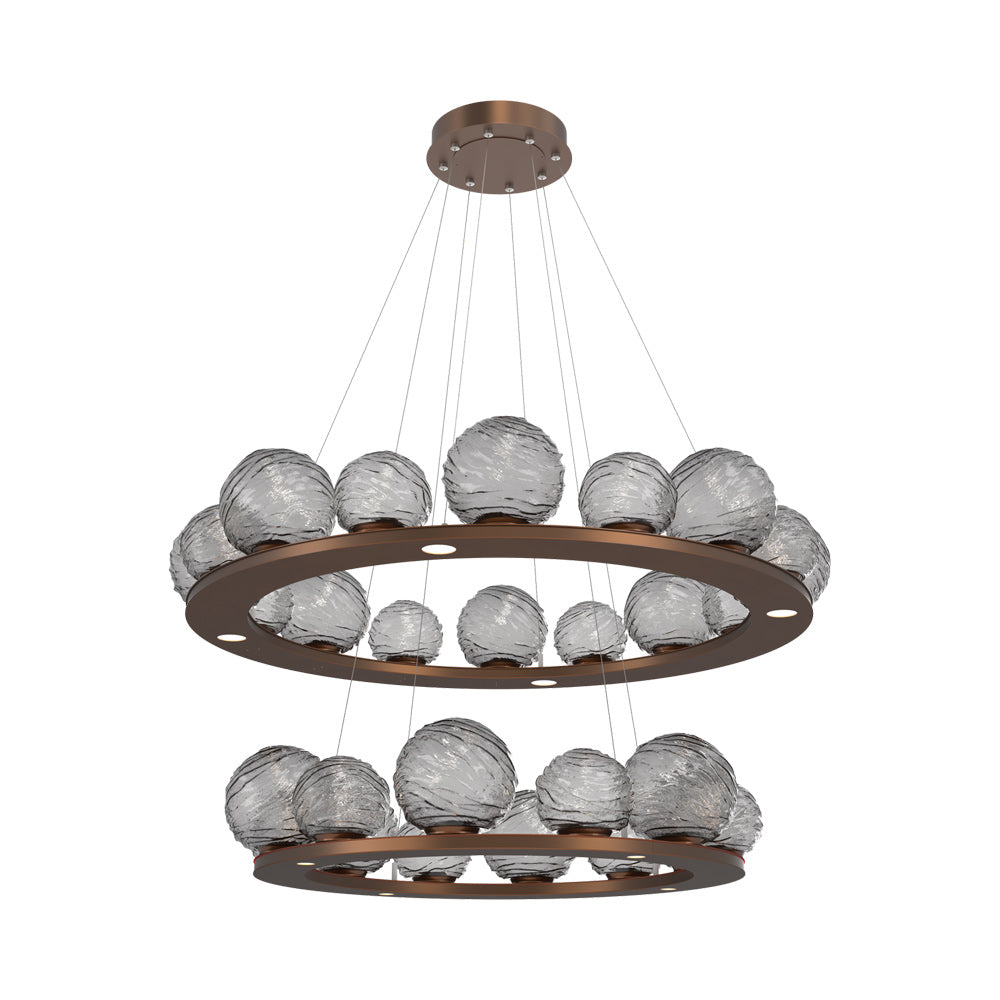Gaia Two-Tier Ring LED Chandelier in Burnished Bronze/Smoke Blown Glass.