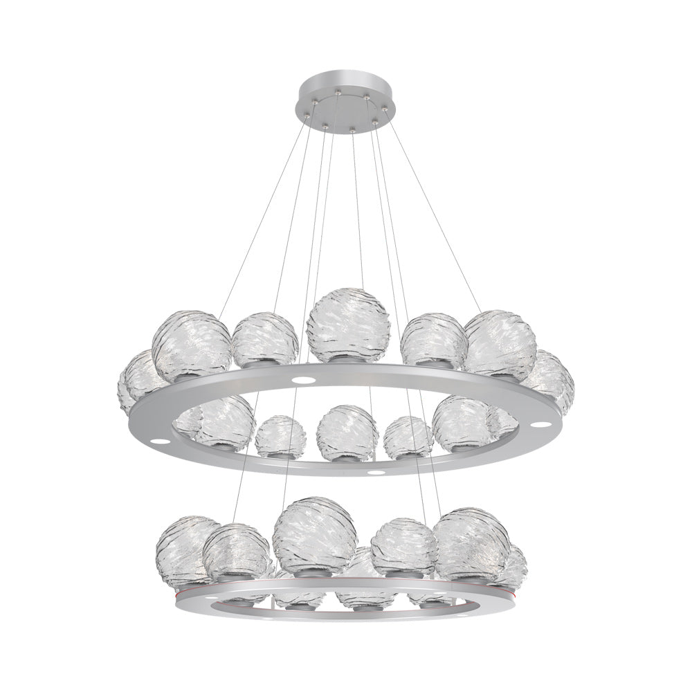Gaia Two-Tier Ring LED Chandelier in Classic Silver/Clear Blown Glass.